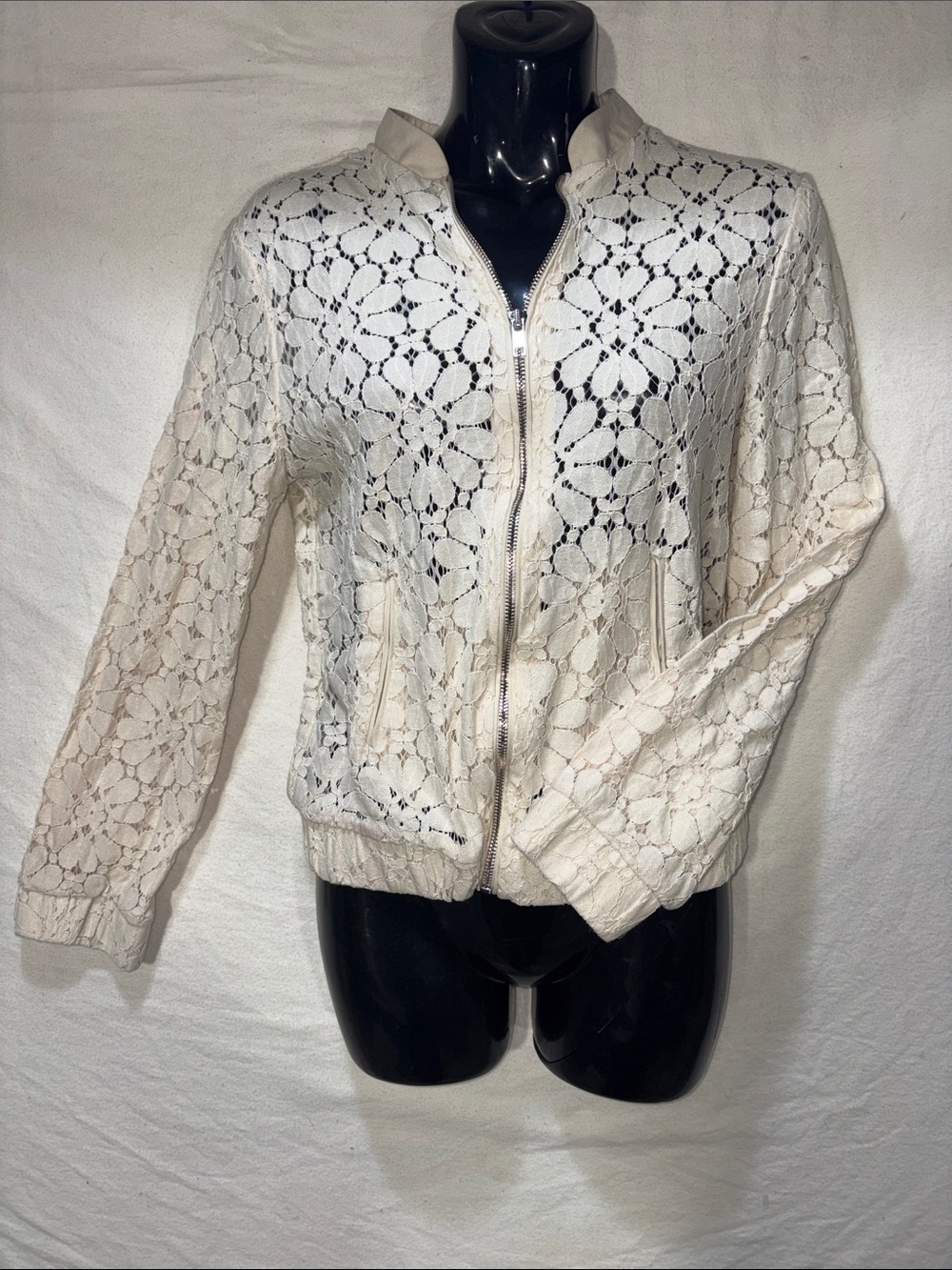 Lipslide Cream Lace Bomber Jacket. Size - M